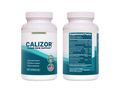 Two white plastic bottles of Calizor Clear Skin Support dietary supplement shown side by side on a transparent background, with the front label on the left and the Supplement Facts panel on the right.