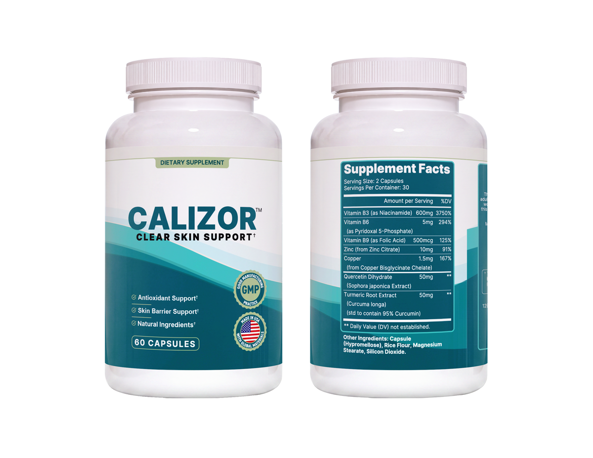Two white plastic bottles of Calizor Clear Skin Support dietary supplement shown side by side on a transparent background, with the front label on the left and the Supplement Facts panel on the right.