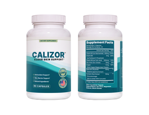Two white plastic bottles of Calizor Clear Skin Support dietary supplement shown side by side on a transparent background, with the front label on the left and the Supplement Facts panel on the right.